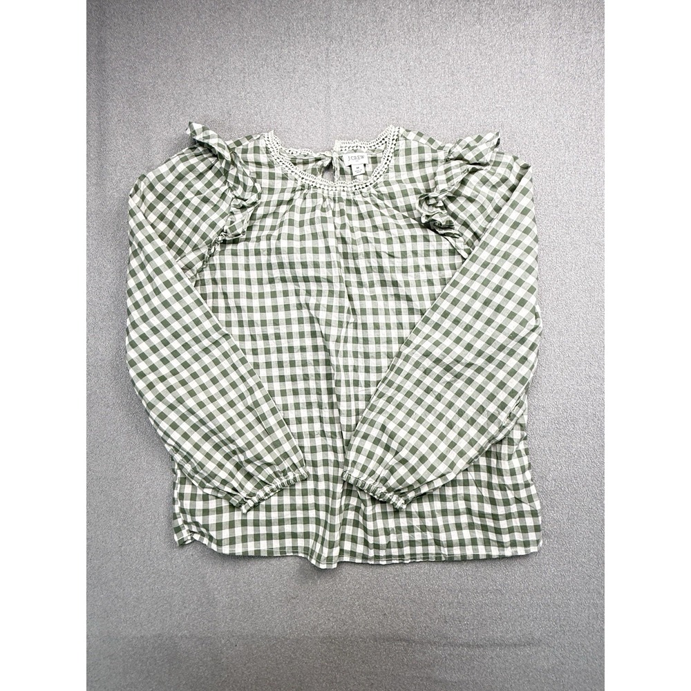 J Crew Women's Ruffle Shoulder Cottage Core Blouse Sage Green Gingham Sz Medium
